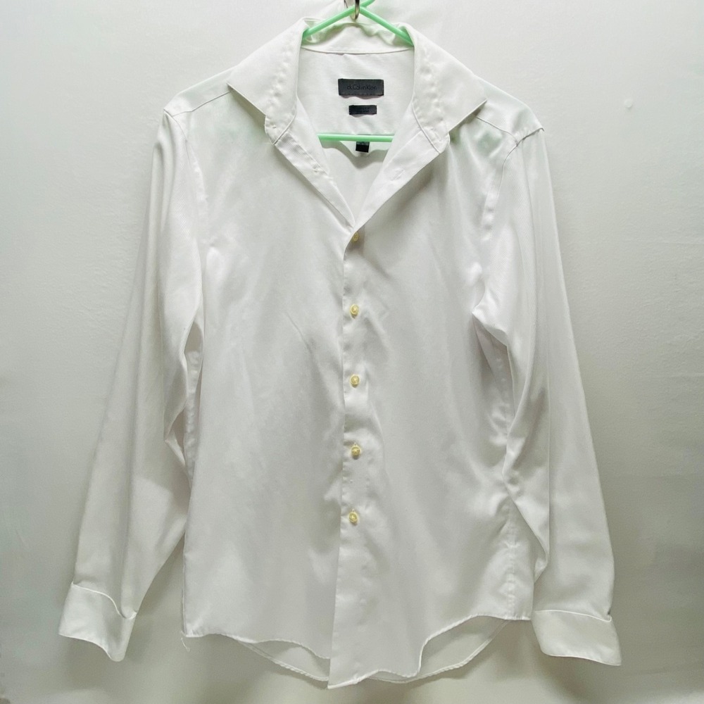 Calvin Klein Dress Shirt Men's 15 34/35 White Slim Fit Non-Iron Long Sleeve GUC